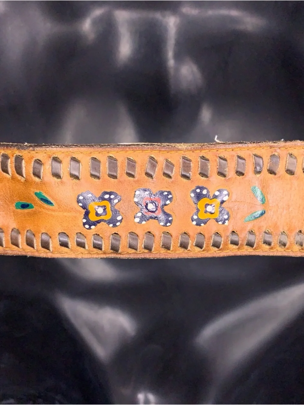 Vintage Lyntone Tan Brown Leather Belt Western Floral Accent Painted Steerhide